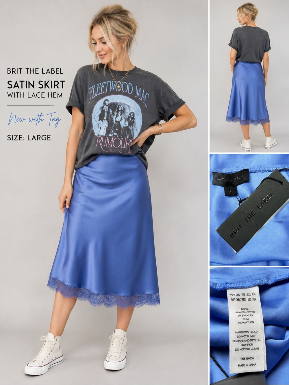 Brit The Label Blue Satin Lace Trim Midi Slip Skirt NWT Size Large